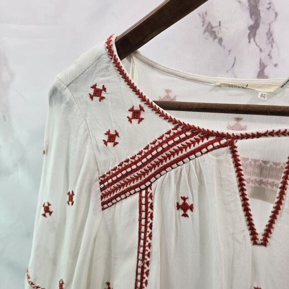 Anthropologie Shirt Womens Small 4 White Red Peasant Embroidered Adena Flared - Picture 2 of 12